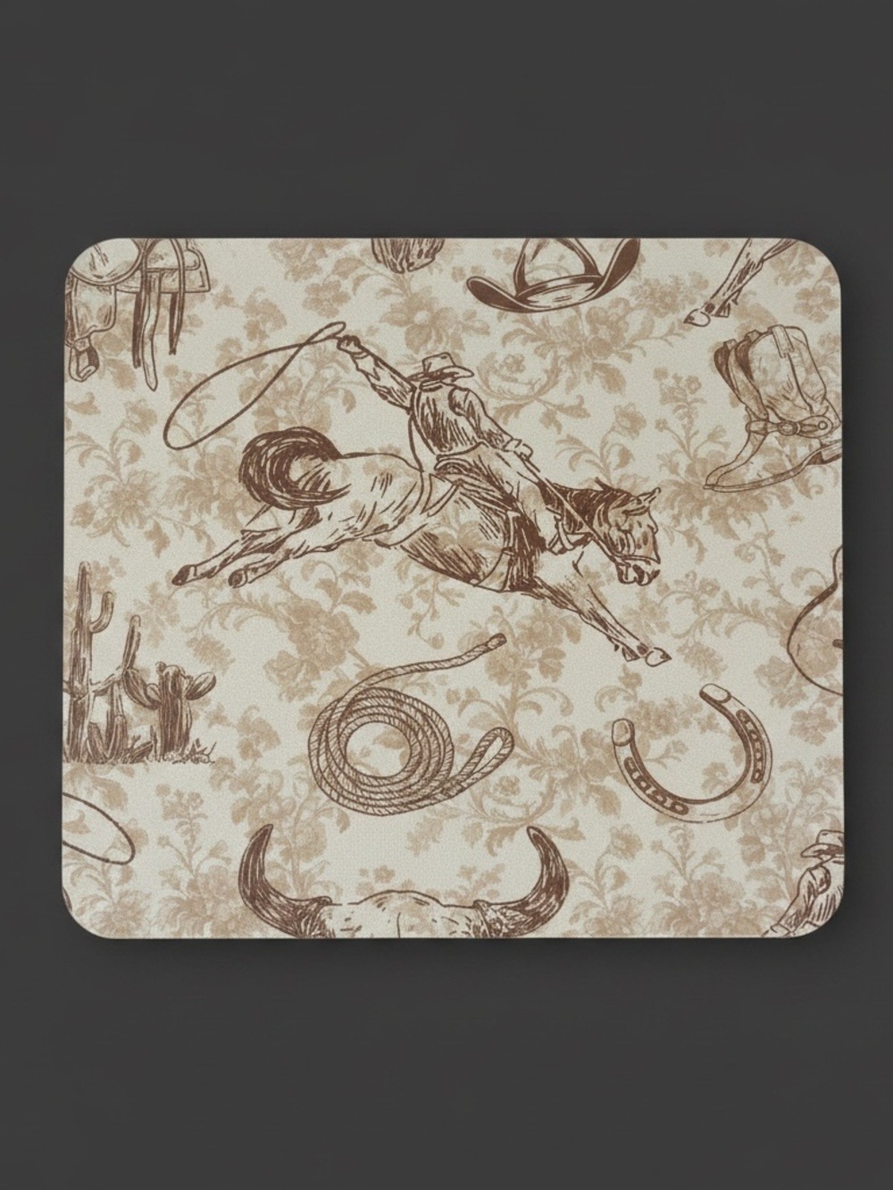 Western Rodeo Print Mouse Pad in Cream and Brown tooled